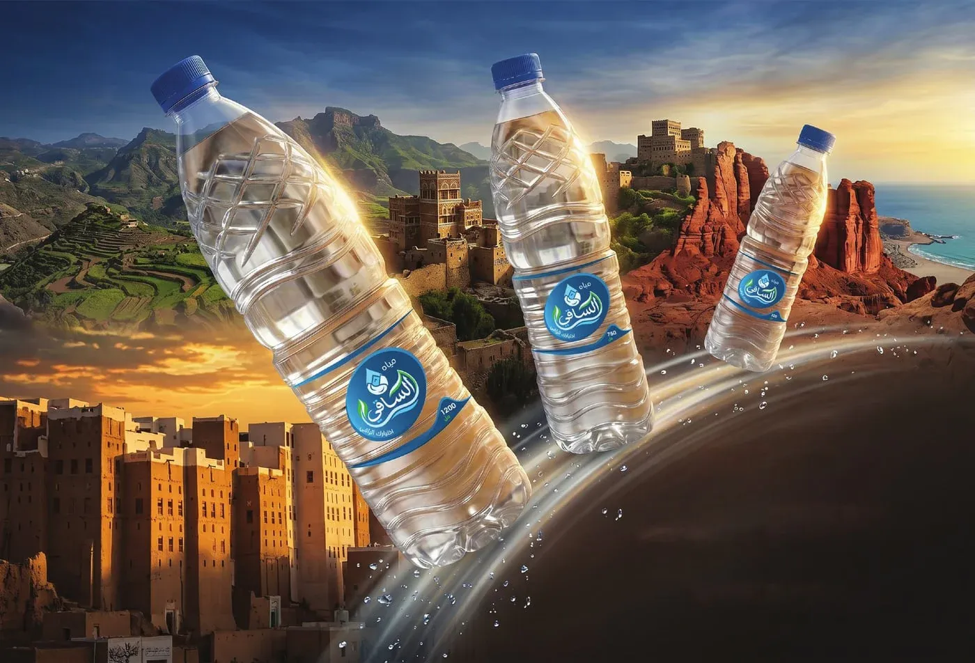 عبوات الساقي على خلفية الطبيعة اليمنية